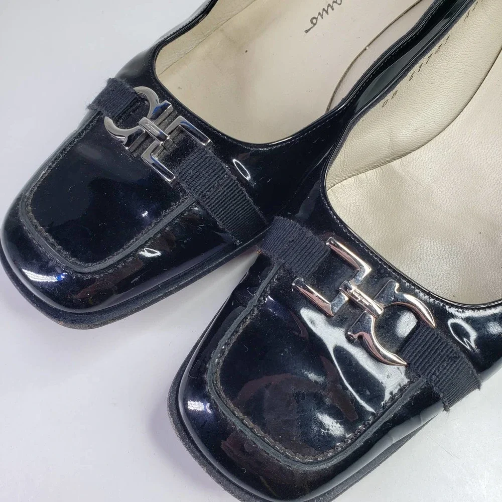 Salvatore Ferragamo Patent Leather Horse Bit Buckle Heels 7 Square Toe‎